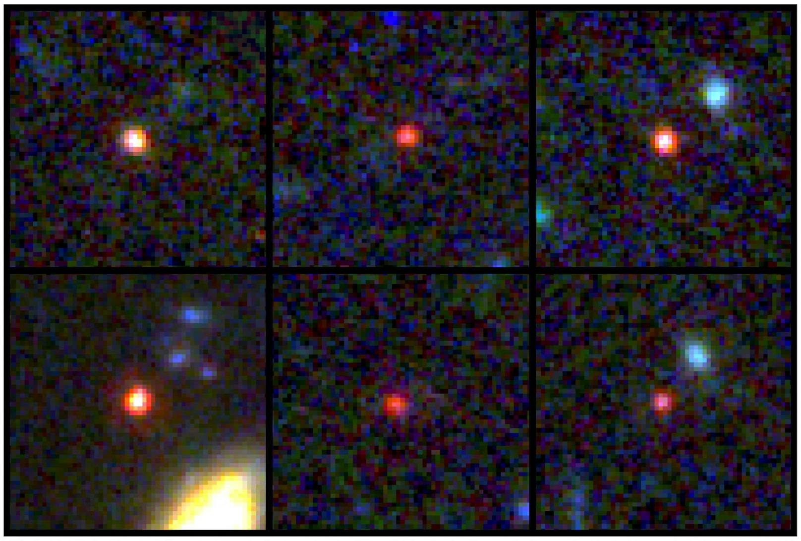 Aufnahmen vom James-Webb-Teleskop: Das sind sechs riesige Galaxien, die 540 Millionen bis 770 Millionen Jahre nach dem Urknall zu sehen sind.
