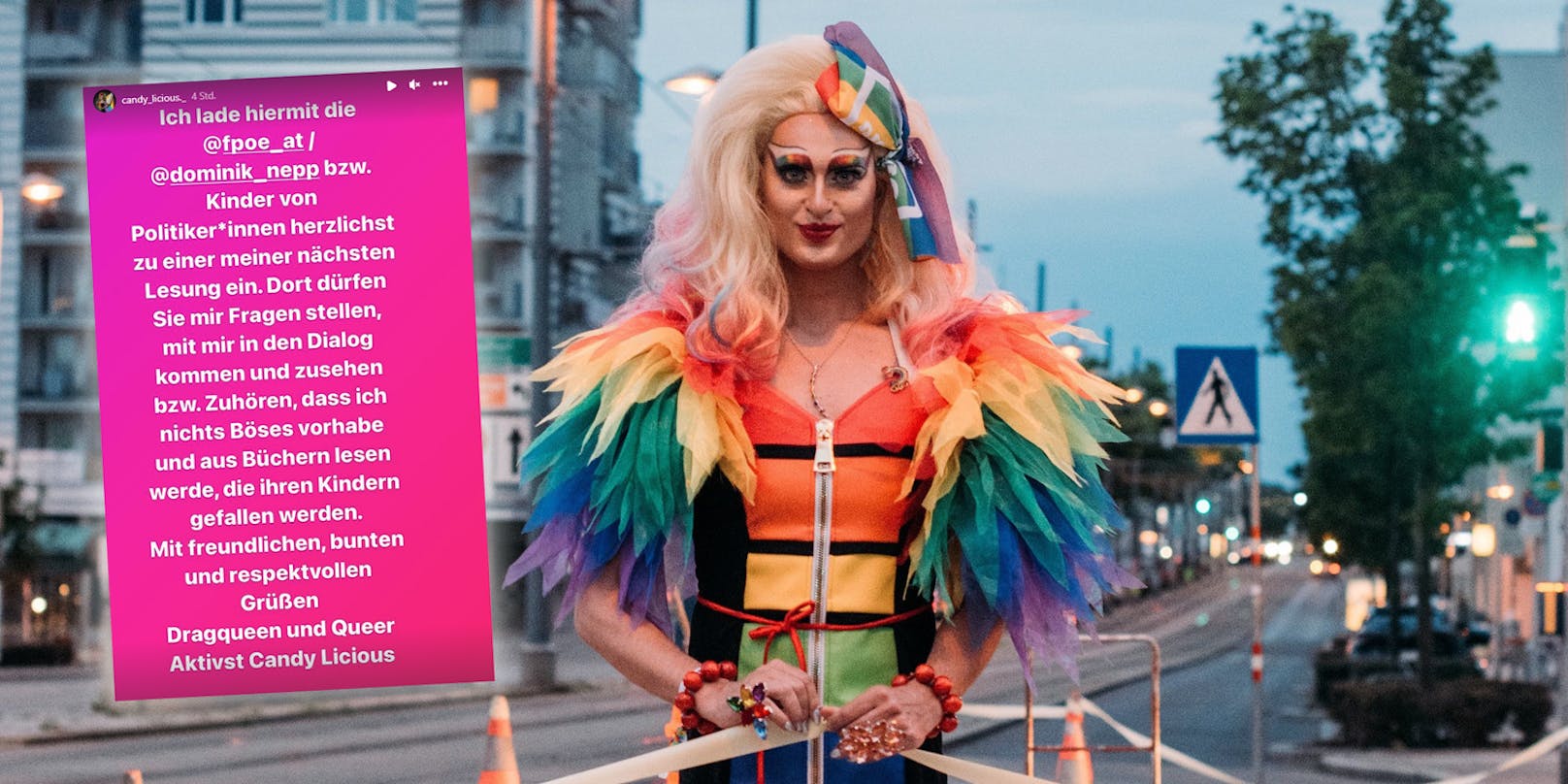 Drag-Queen Candy Licious lädt FPÖ-Politiker und deren Kinder zur nächsten Lesung ein.