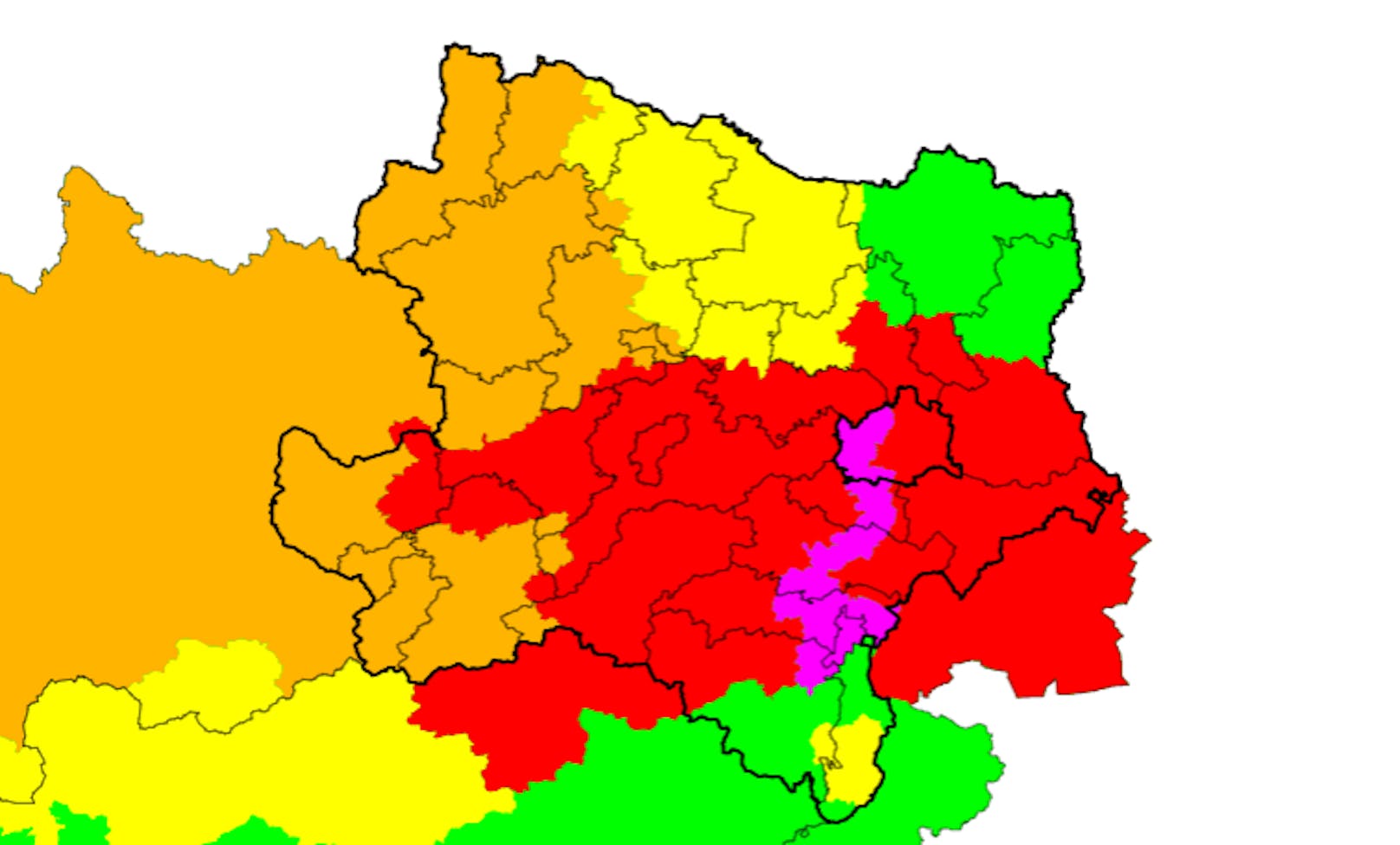 Violette Unwetterwarnung für die Bezirke Neunkirchen, Wiener Neustadt, Baden und Mödling sowie den Westen von Wien.