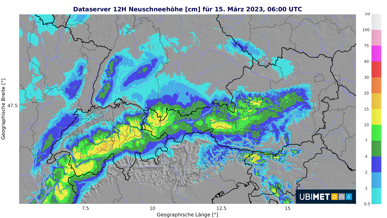 Prognose der Neuschneesumme über 12h bis Mittwochmorgen.