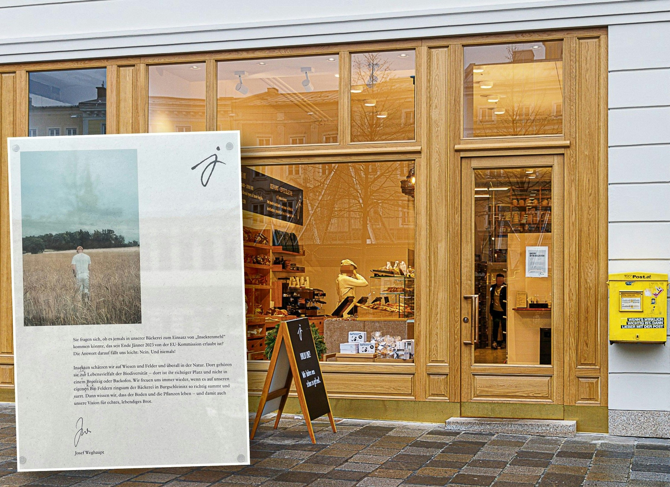"Niemals" werde es bei Joseph Brot zum Einsatz von Insektenmehl kommen, wie auf einem Aushang in der Linzer Filiale zu lesen ist.