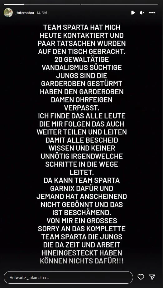 Tatamata schreibt in der Story über die Vorfälle