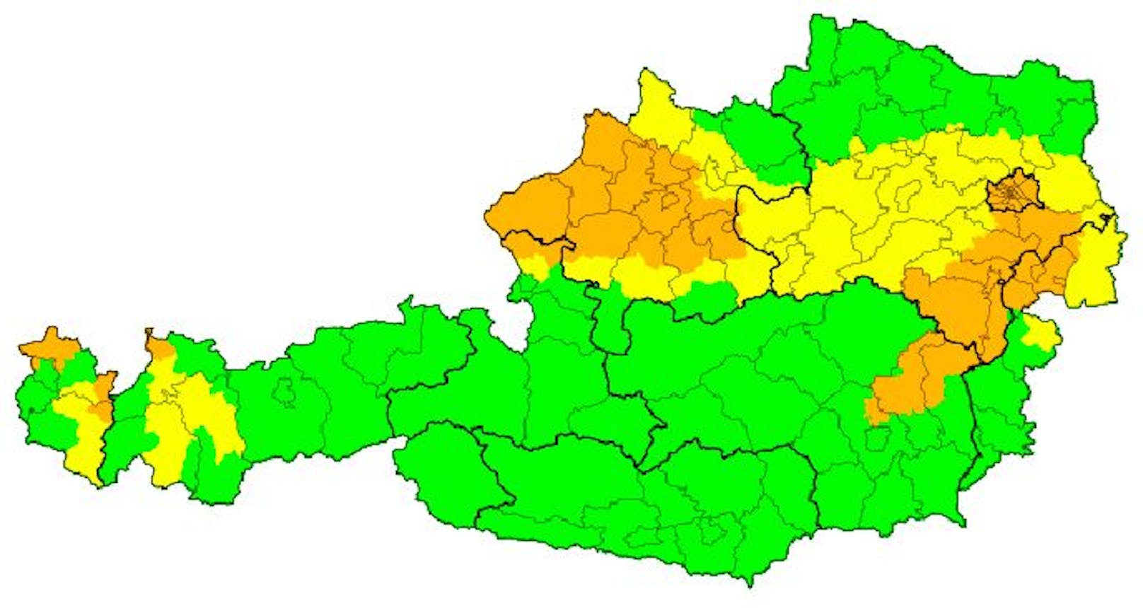 Die aktuellen Sturmwarnungen (orange). In gelb die Vorwarnungen für den heutigen Tag.