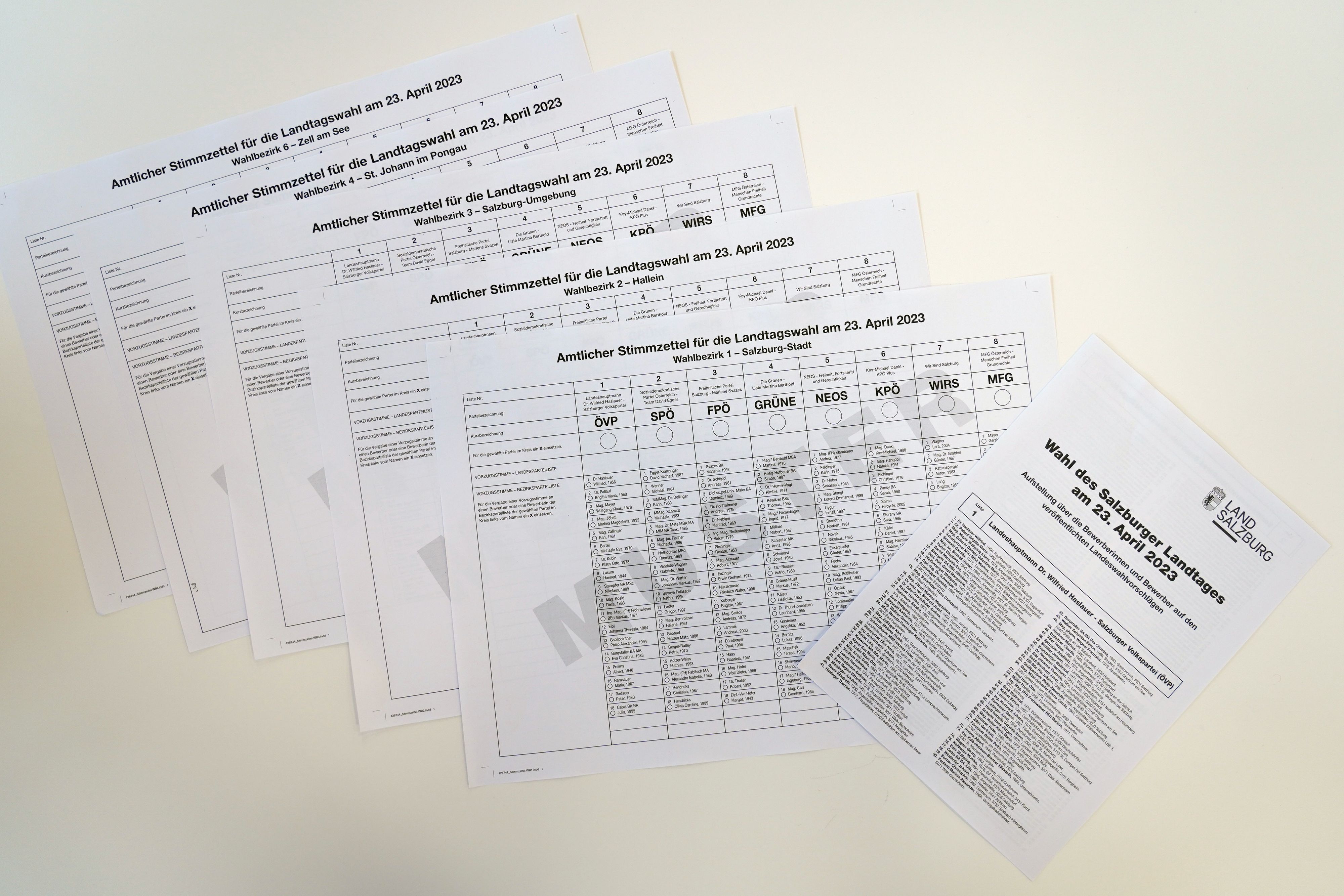 Stimmzettel zur Salzburger Landtagswahl am 23. April 2023.