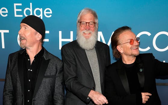 The Edge, David Letterman und Bono bei der Disney-Premiere von "Bono &amp; The Edge: A Sort of Homecoming"