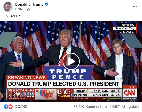 Donald Trump verkündet seine Rückkehr auf Facebook – selbstverständlich in Großbuchstaben. 