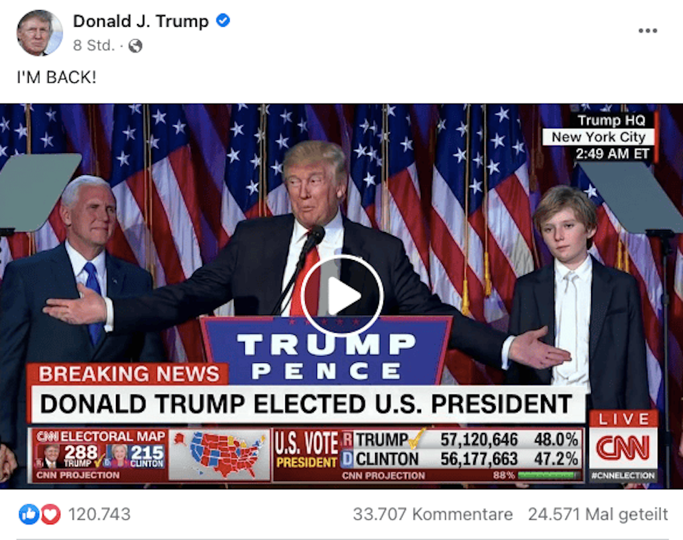 Donald Trump verkündet seine Rückkehr auf Facebook – selbstverständlich in Großbuchstaben. 