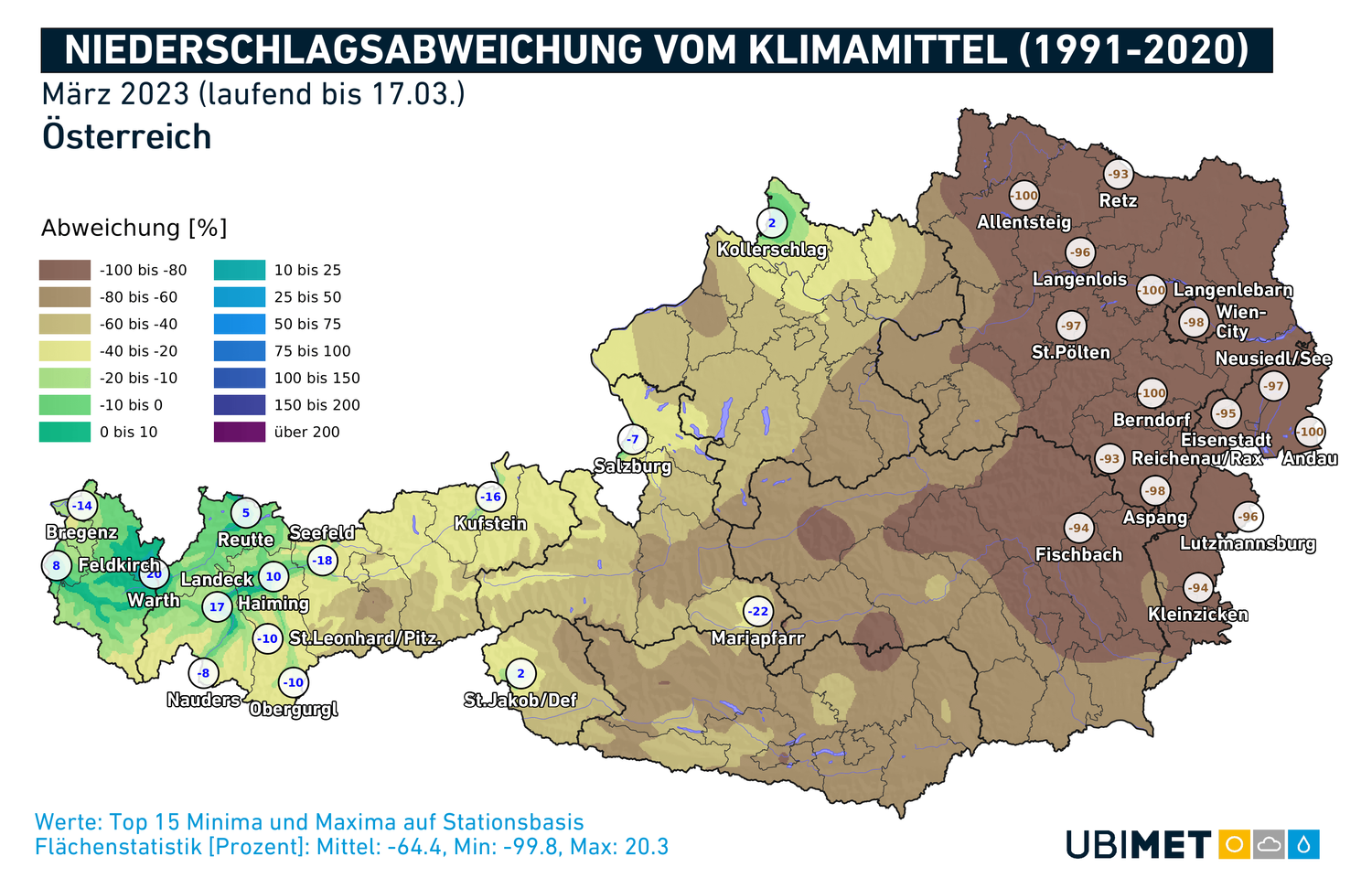 Niederschlagsabweichungen im März bislang. Braun = viel zu wenig Regen.