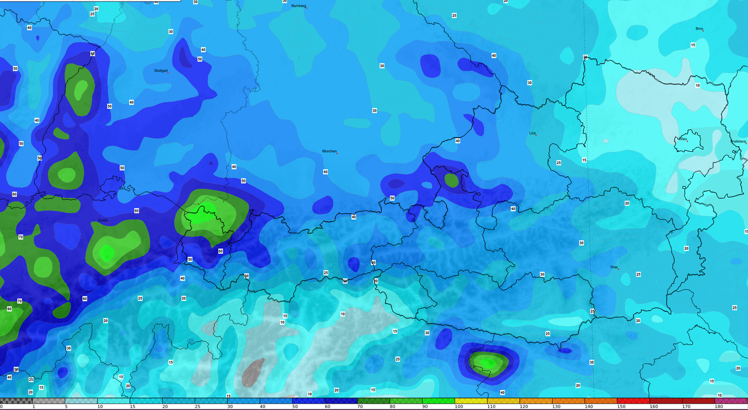 Die prognostizierten Regenmengen der nächsten 10 Tage.
