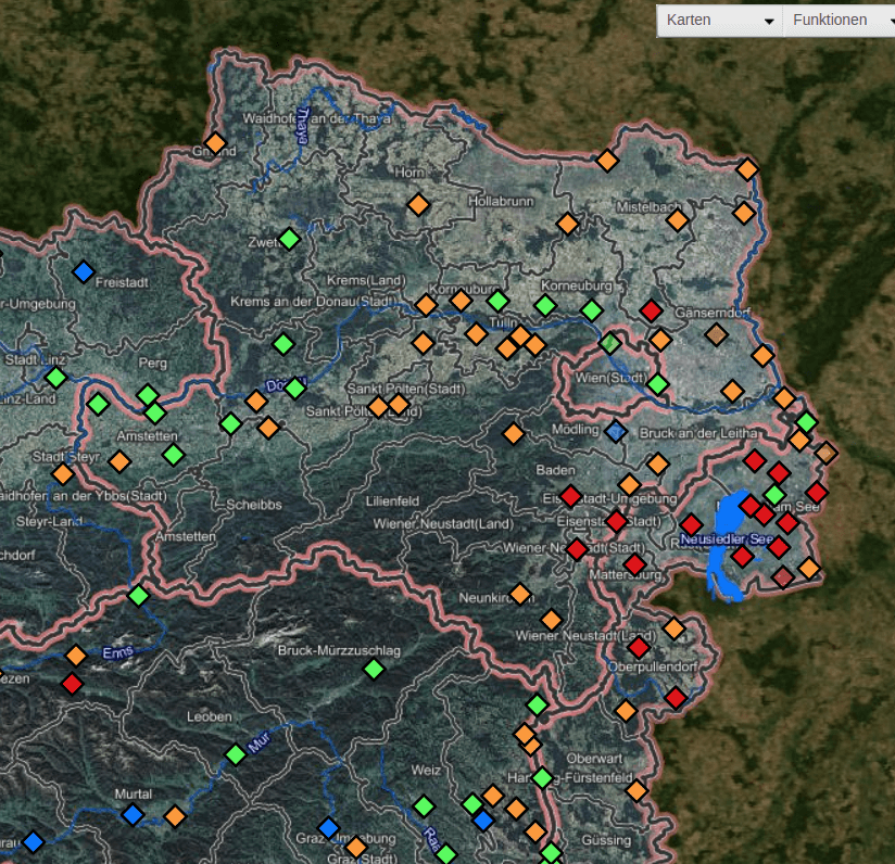 Tiefe Grundwasserstände im Osten (rot markiert)