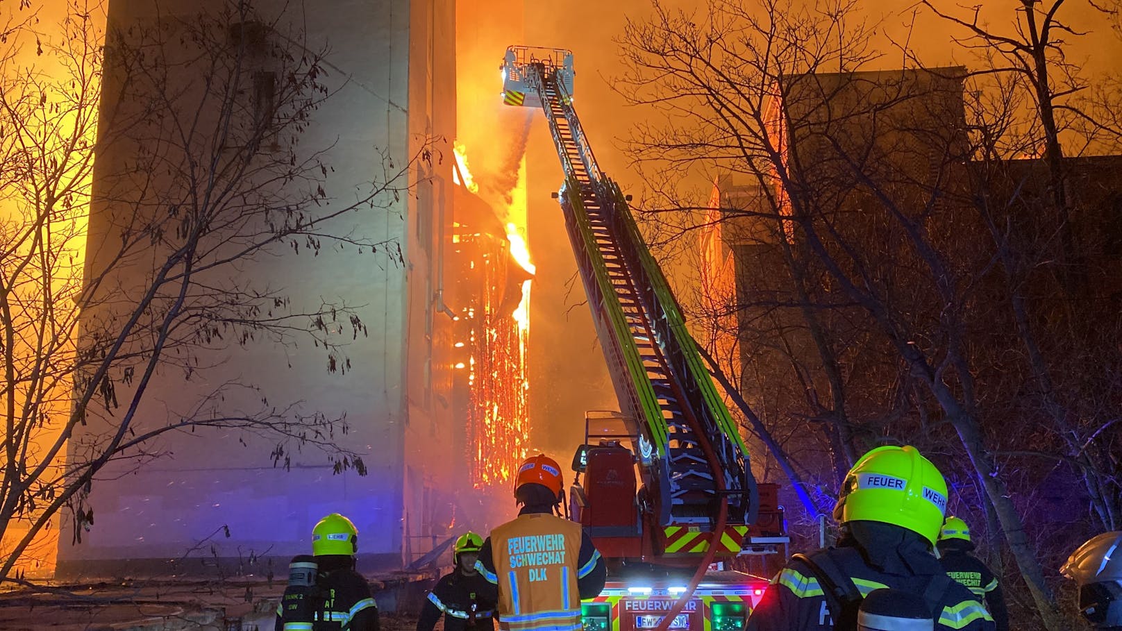 Der Brand eines leer stehenden Industriegebäudes zwischen zwei Silos in Schwechat (Bezirk Bruck a.d. Leitha) an der Stadtgrenze zu Wien hat in der Nacht auf Sonntag einen Großeinsatz der Feuerwehr ausgelöst.