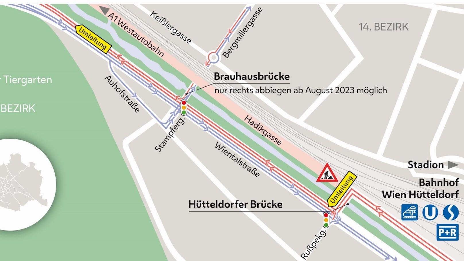 Westeinfahrt in Wien-Hietzing wird zum Gegenverkehrsbereich. 