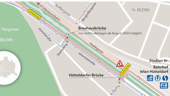 Westeinfahrt in Wien-Hietzing wird zum Gegenverkehrsbereich. 