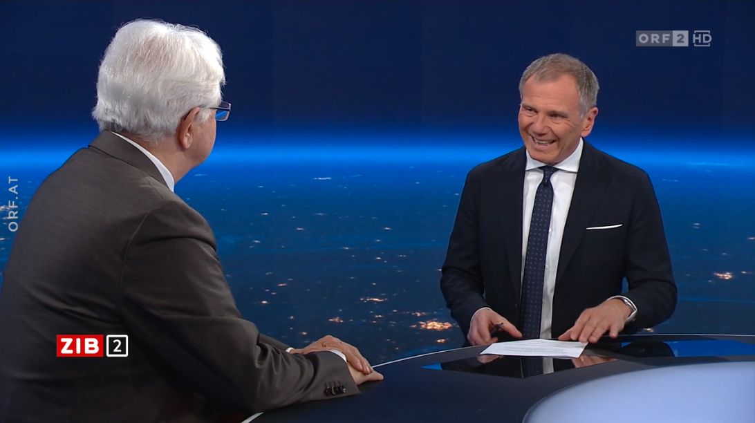 OeNB-Gouverneur Robert Holzmann zu Gast bei Armin Wolf in der ZIB2 am 20. März 2023.