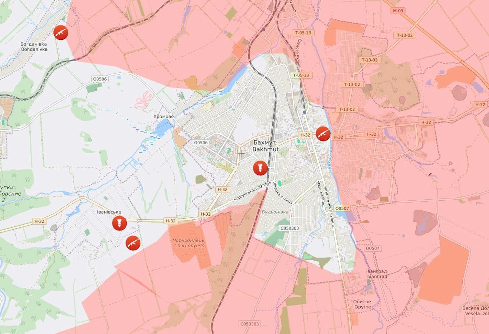 21. März 2023: Die rot eingefärbten Bereiche Bachmuts sollen aktuell unter russischer Kontrolle stehen.