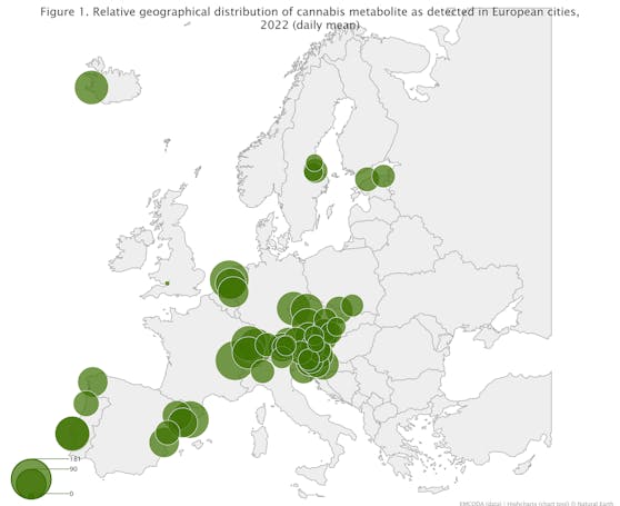 Die gemessenen Cannabis-Rückstände in Europas Städten. 