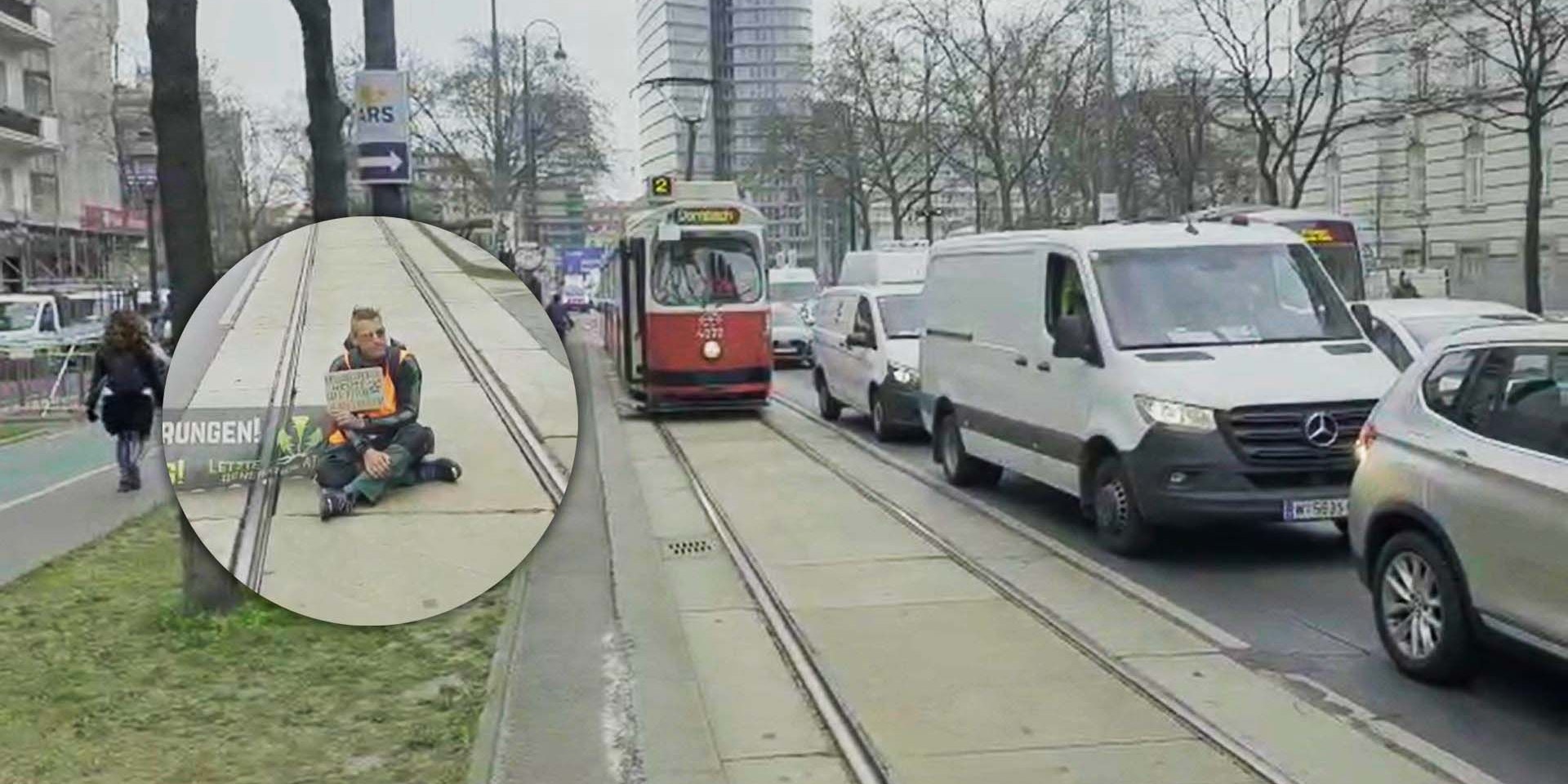 Einer der Aktivisten blockierte am Mittwoch auch die Bim-Gleise am Ring.