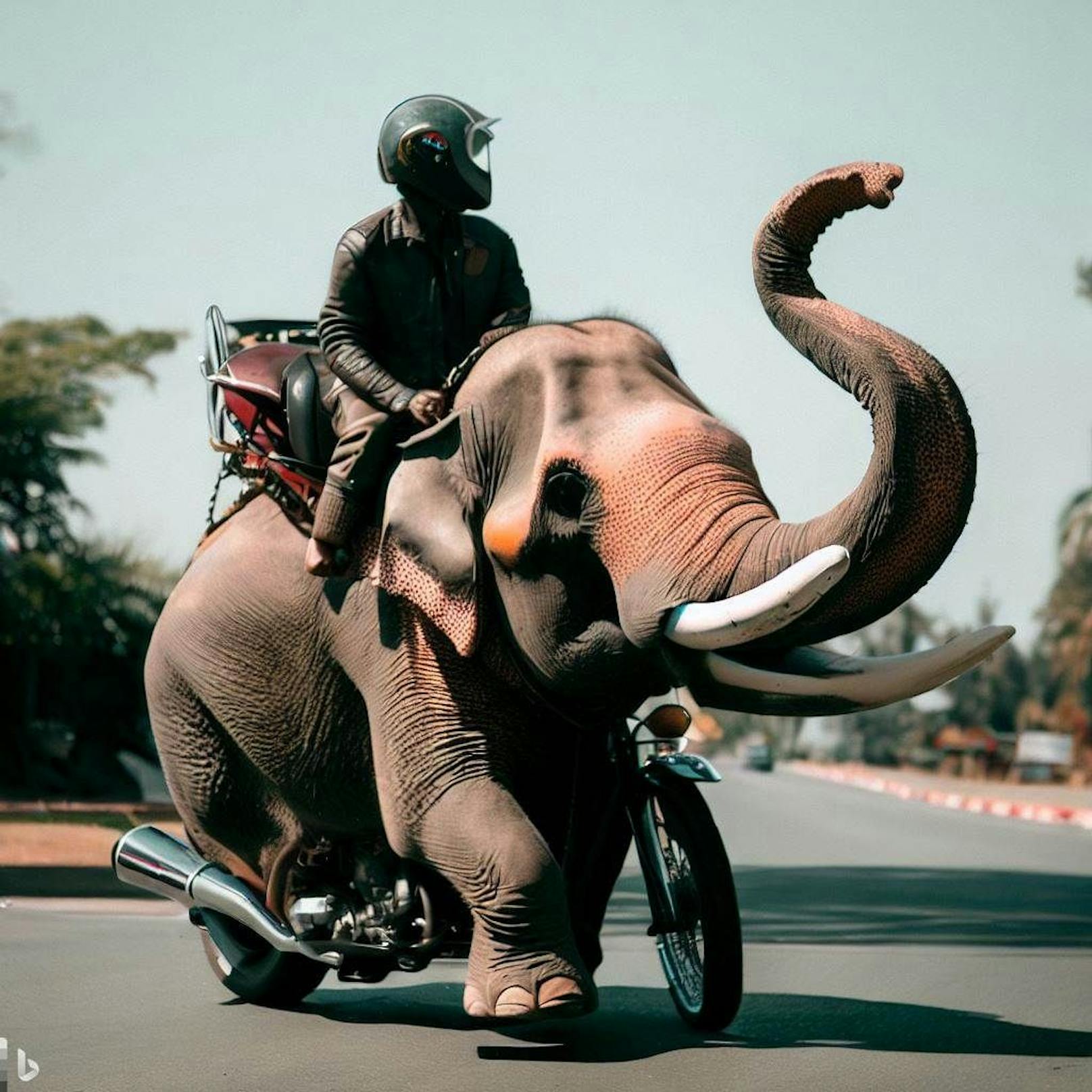 Elefant und Motorrad? Nicht echt, zumindest hier ist das offensichtlich.