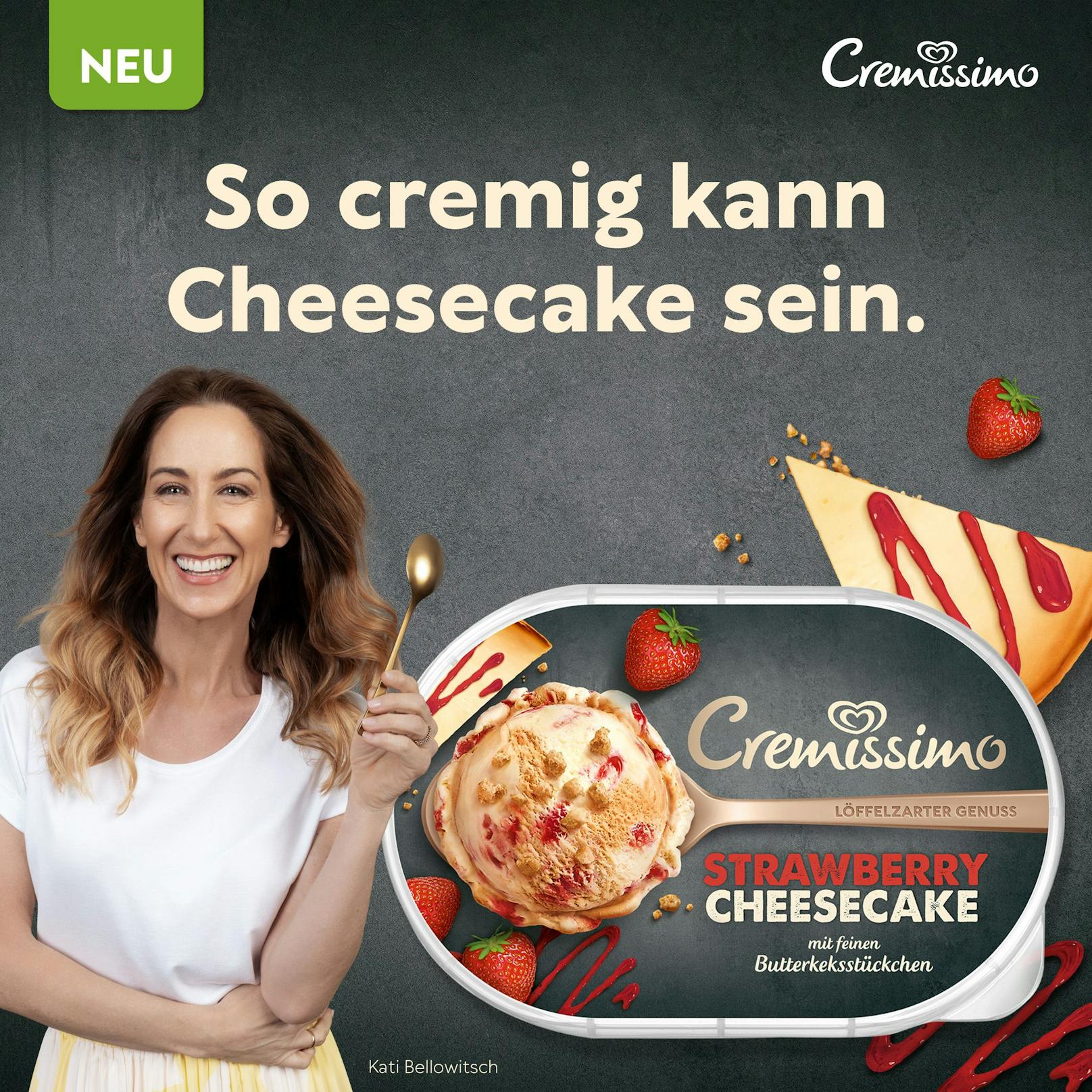 Kati Bellowitsch stellt das neue Cremissimo Strawberry Cheesecake Eis vor.