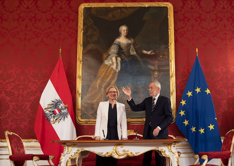 Für die Landespolitikerin wohl trotz der vielen Kritik ein Tag der Freude. Zuerst verlief die Angelobung mit dem Bundespräsidenten Alexander van der Bellen auch durchaus amikal.