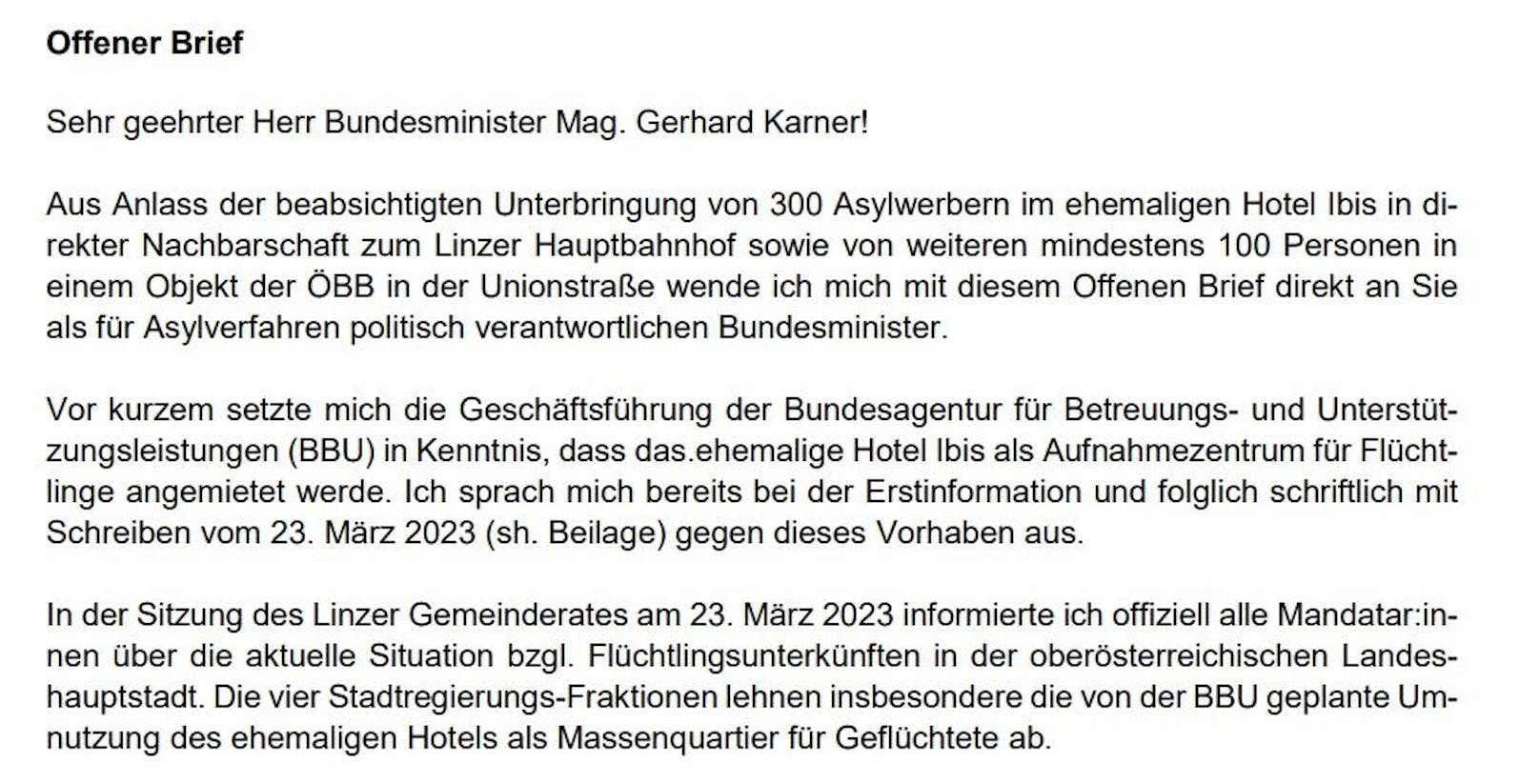 Der Linzer Bürgermeister Klaus Luger schrieb einen offenen Brief an Innenminister Karner.