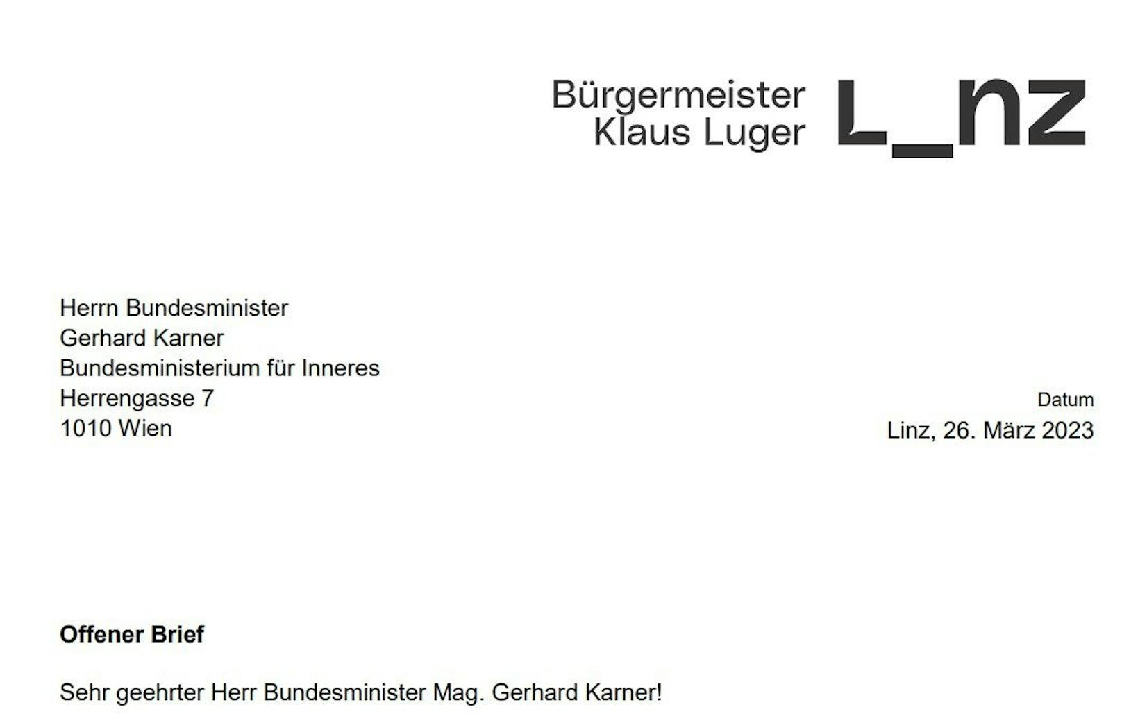 Der Linzer Bürgermeister Klaus Luger schrieb einen offenen Brief an Innenminister Karner.