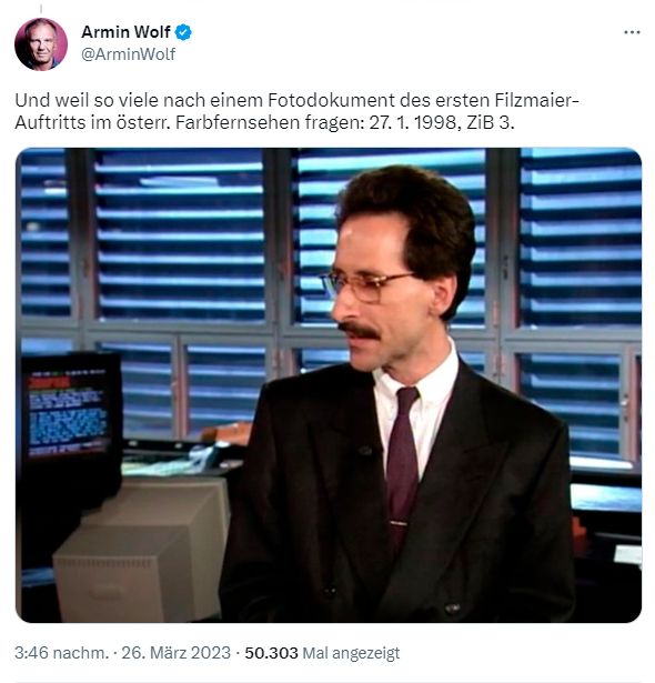 Armin Wolf präsentierte Peter Filzmaiers "Rotzbremse", die er stilsicher bei seinem ersten ZIB-Auftritt 1998 ins Feld geführt hatte, seinem heutigen Publikum.