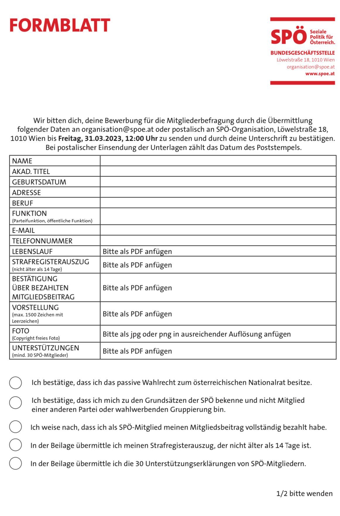 Diesen Zettel müssen alle SPÖ-Kandidaten ausfüllen.