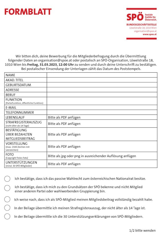 Diesen Zettel müssen alle SPÖ-Kandidaten ausfüllen.