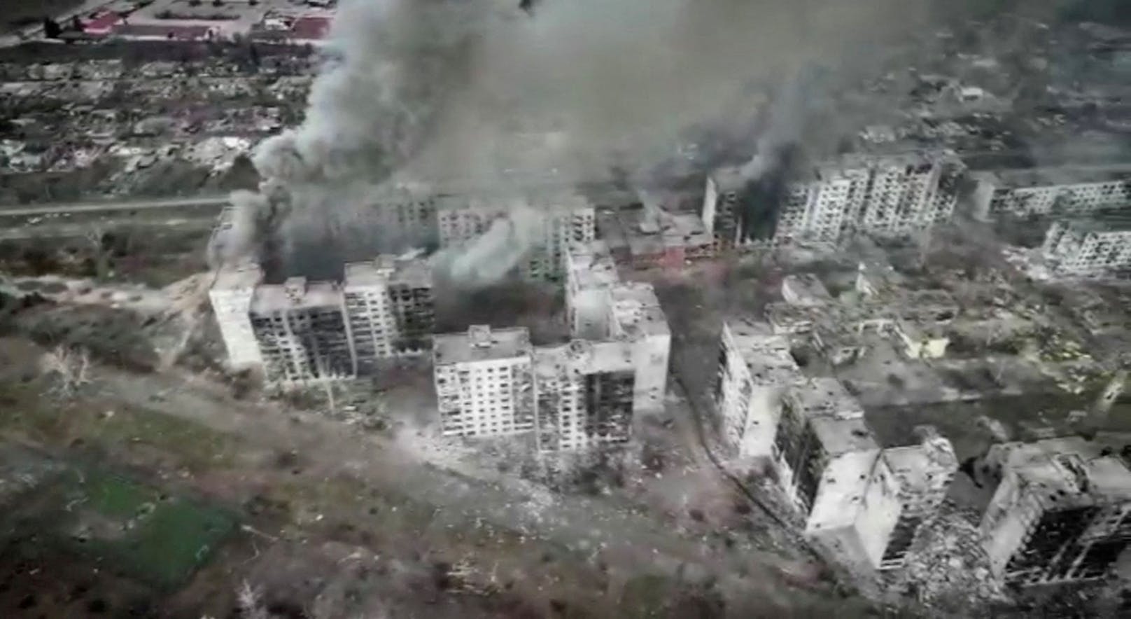 Drohnen-Aufnahme von Bachmut: Die Stadt wird im Zuge der erbitterten Kämpfe völlig zerstört. 