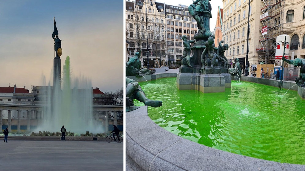 In der Nacht auf Mittwoch wurden Brunnen in der Innenstadt grün eingefärbt.