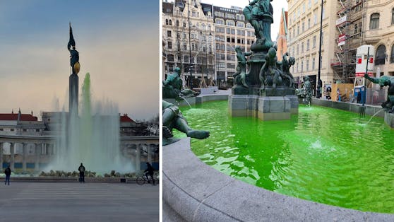 In der Nacht auf Mittwoch wurden Brunnen in der Innenstadt grün eingefärbt.
