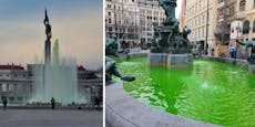 Klima-Aktivisten färben Brunnen in Wiener City grün ein