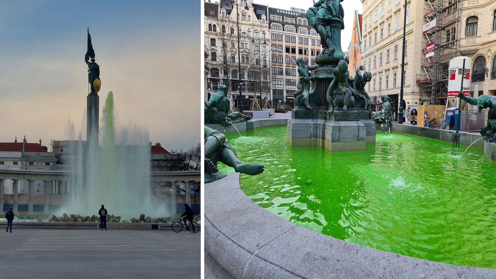 Klima-Aktivisten färben Brunnen in Wiener City grün ein