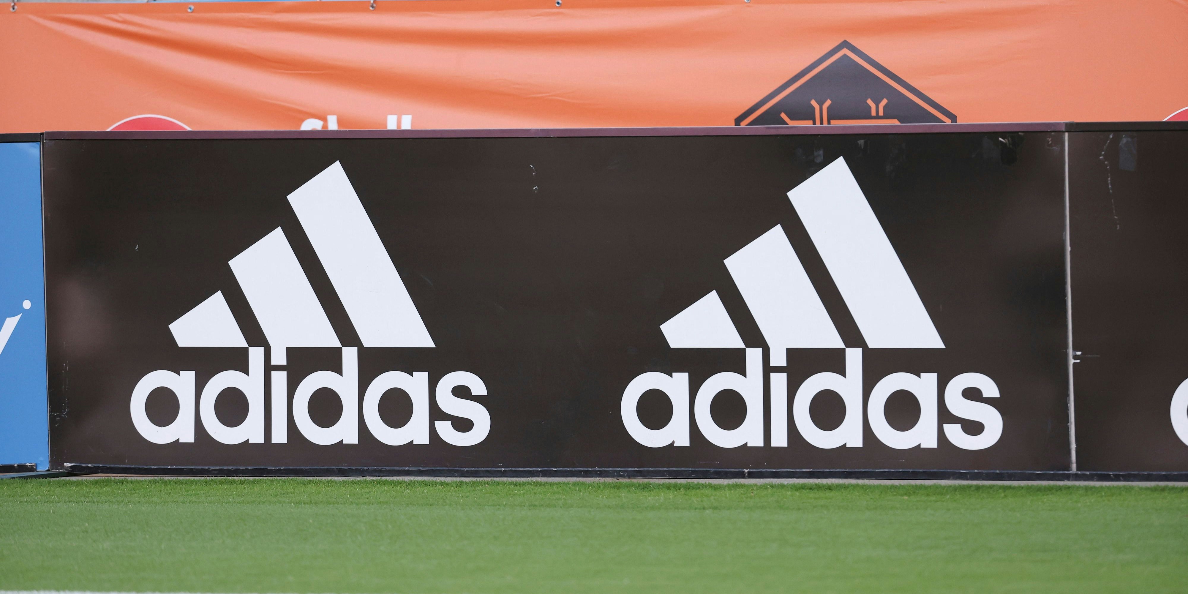 View of an advertising board for Adidas before the match between the Houston Dynamo and the New York City FC at Shell Energy Stadium.