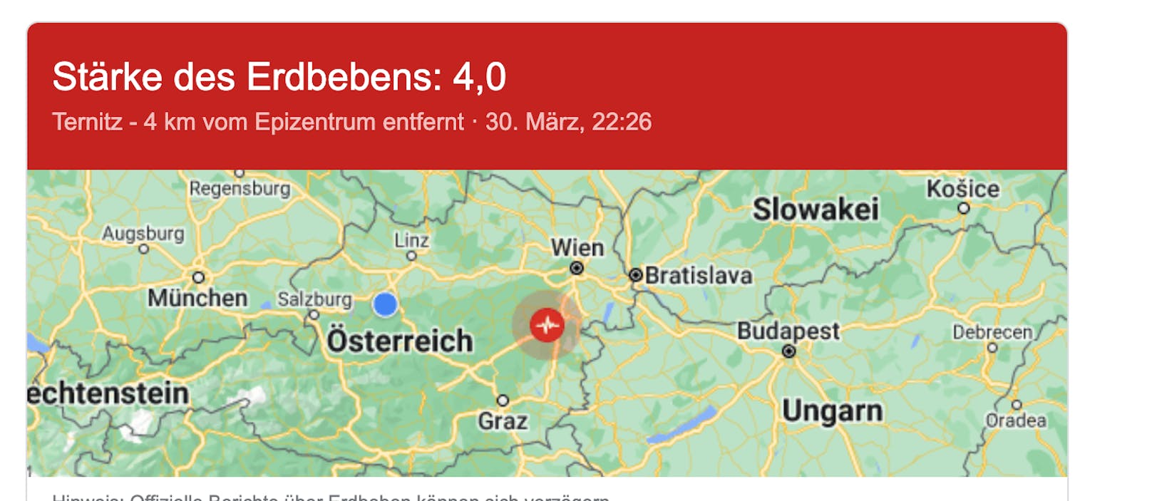Auch Google meldete ein Erdbeben bei Wien: Zuerst mit einer Stärke von 4,4, dann mit 4,0.