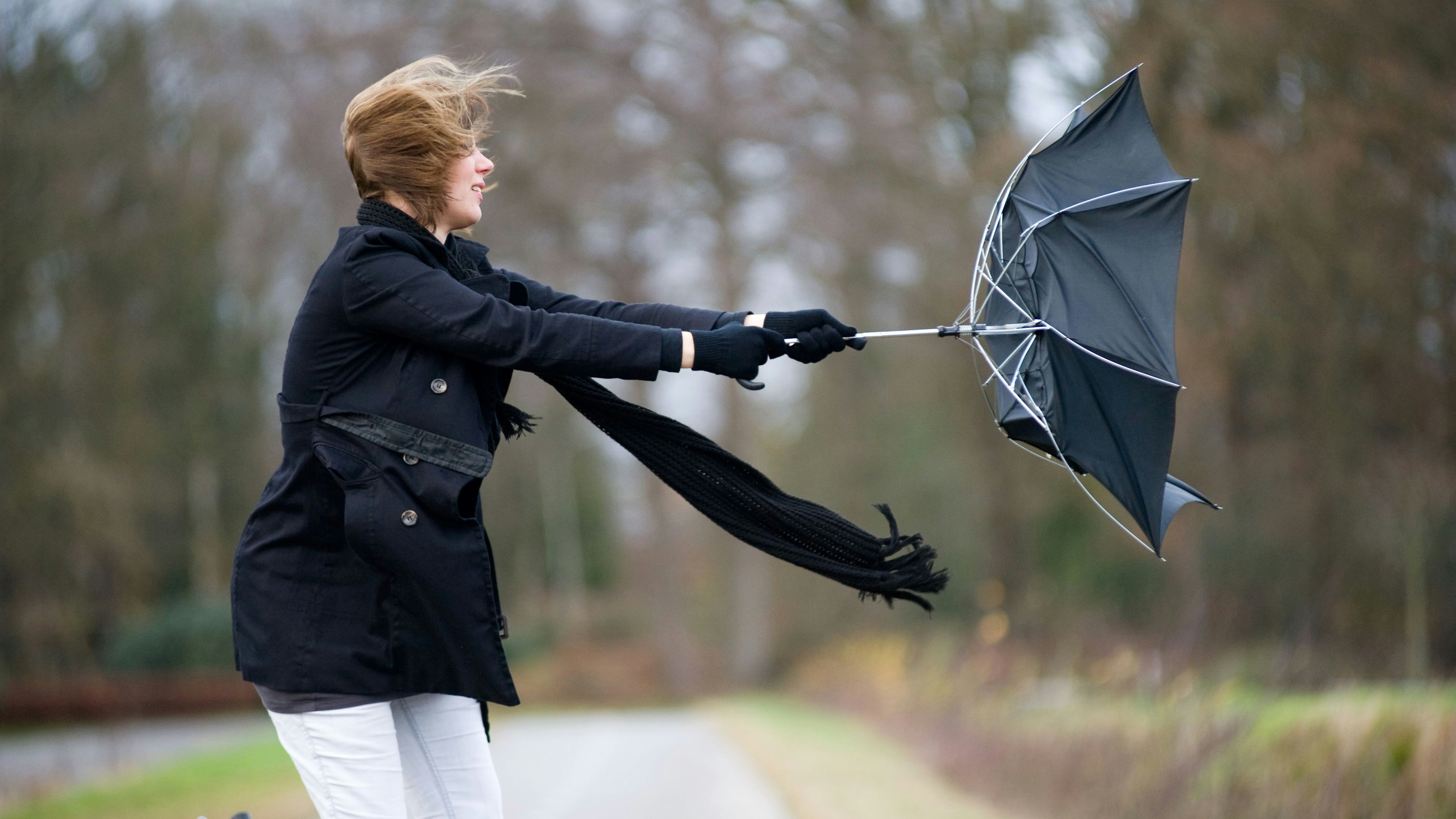 A young woman is fighting against the storm with her umbrella