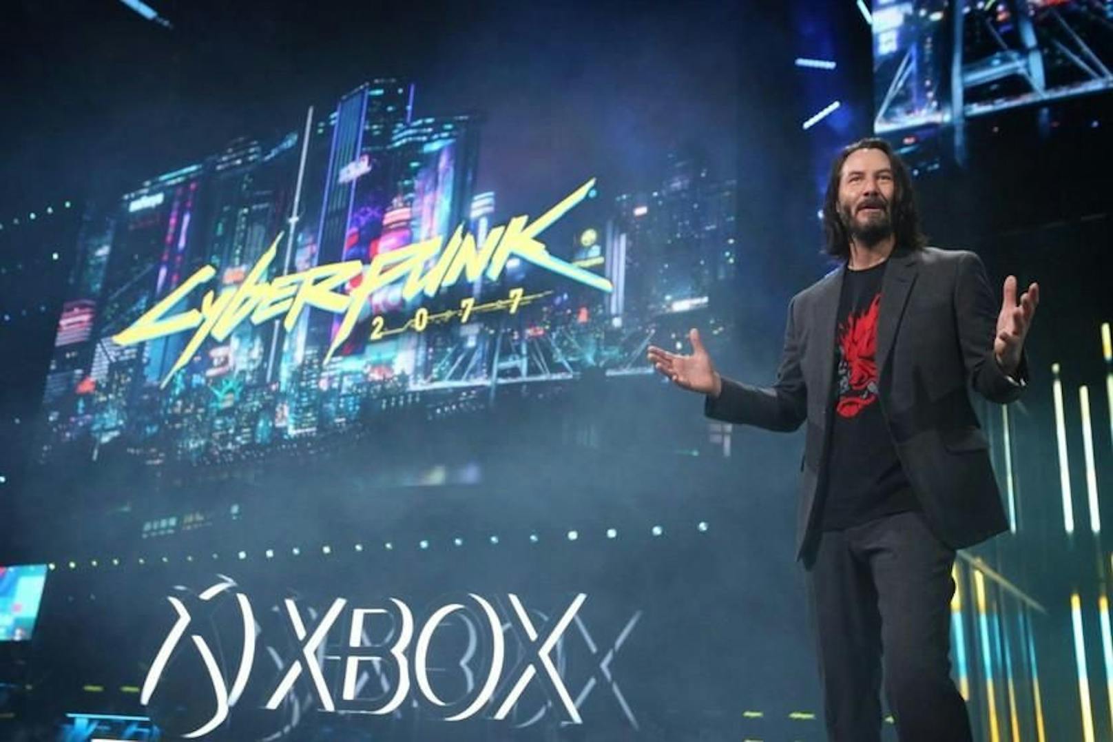 "You’re Breathtaking!" – Keanu Reeves stellte 2019 das heiß erwartete Game "Cyberpunk 2077" auf der E3 vor. Er war als Game-Figur darin präsent. 