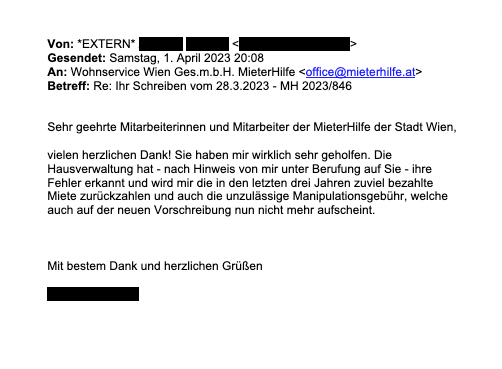 Herr B. bedankt sich bei den Helfern der MieterHilfe. Der Service der Stadt Wien hilft kostenlos.