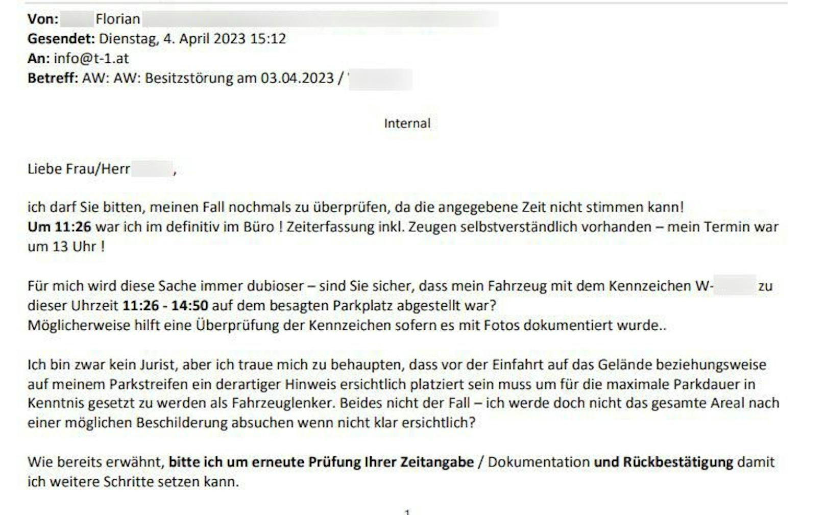 Der Mailverkehr mit der Parkraumüberwachungsfirma.