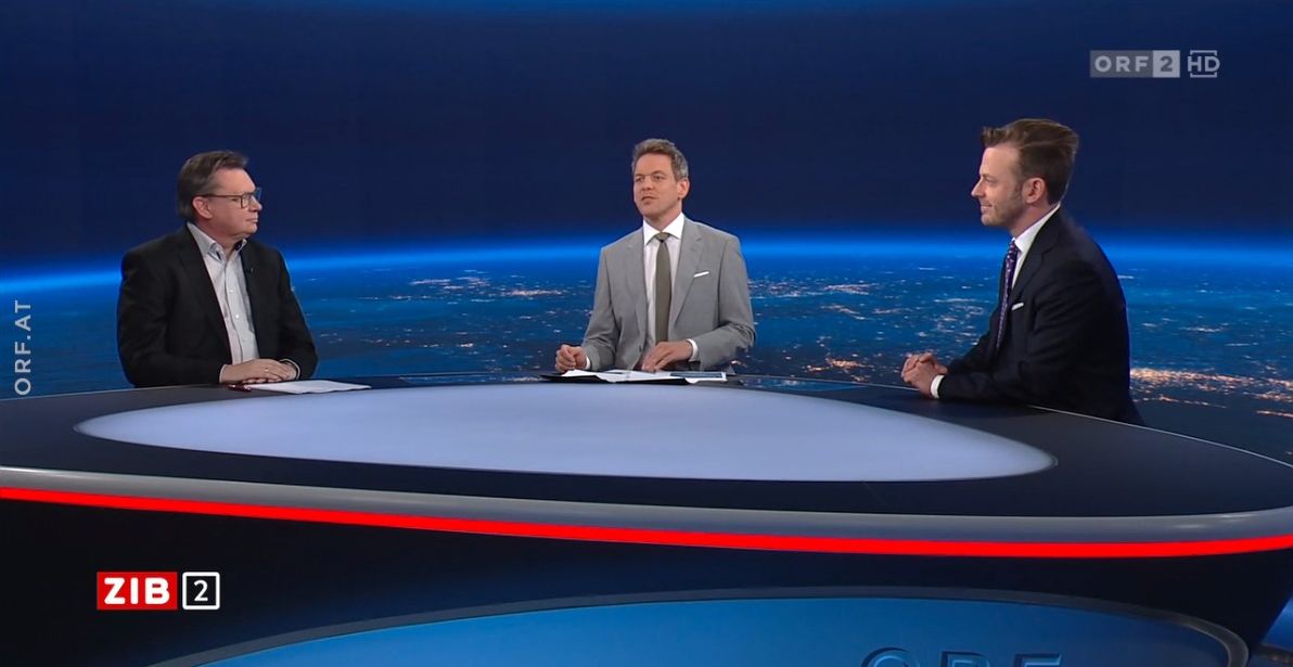 Militärexperte Franz-Stefan Gady und Ex-Verteidigungsminister Norbert Darabos in der ZIB2 mit Martin Thür am 6. April 2023.