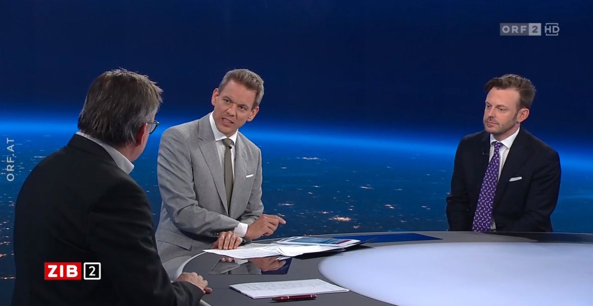 Militärexperte Franz-Stefan Gady und Ex-Verteidigungsminister Norbert Darabos in der ZIB2 mit Martin Thür am 6. April 2023.