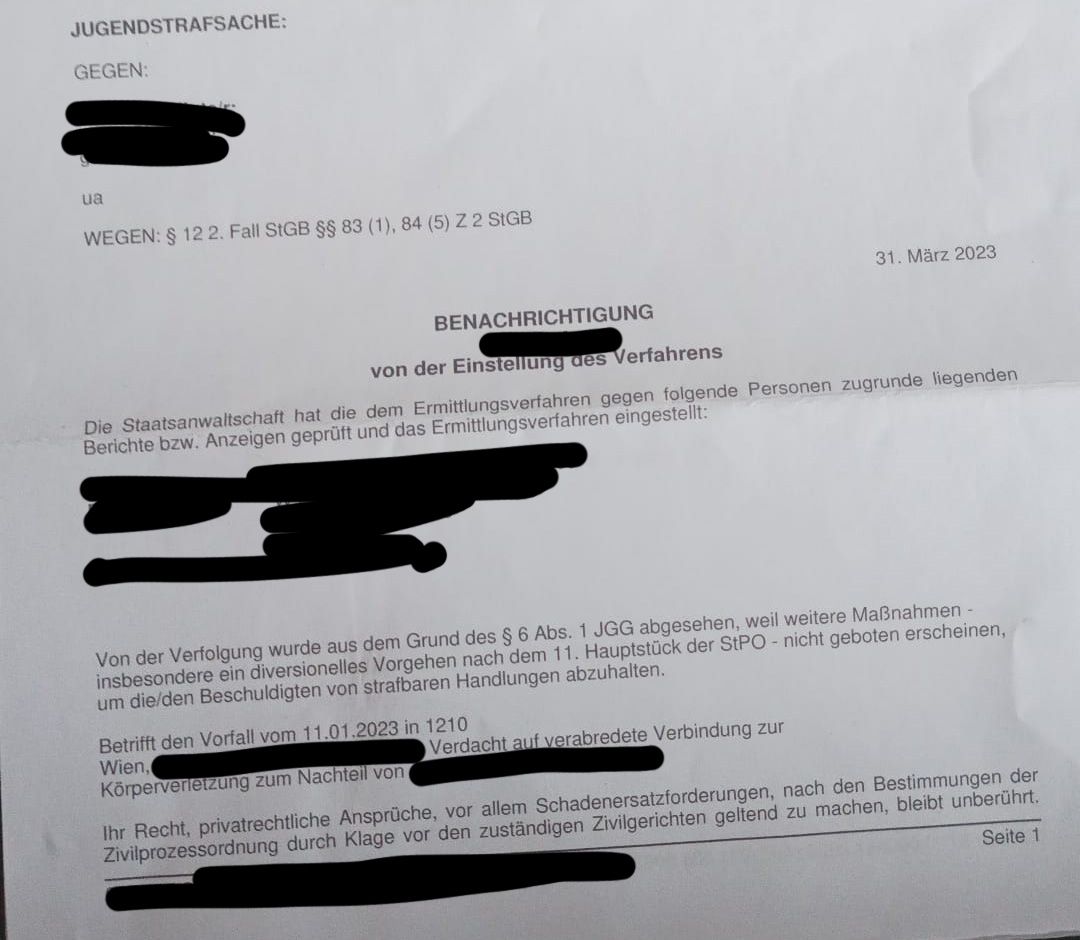 Benachrichtigung über die Einstellung des Verfahrens im brisanten Fall