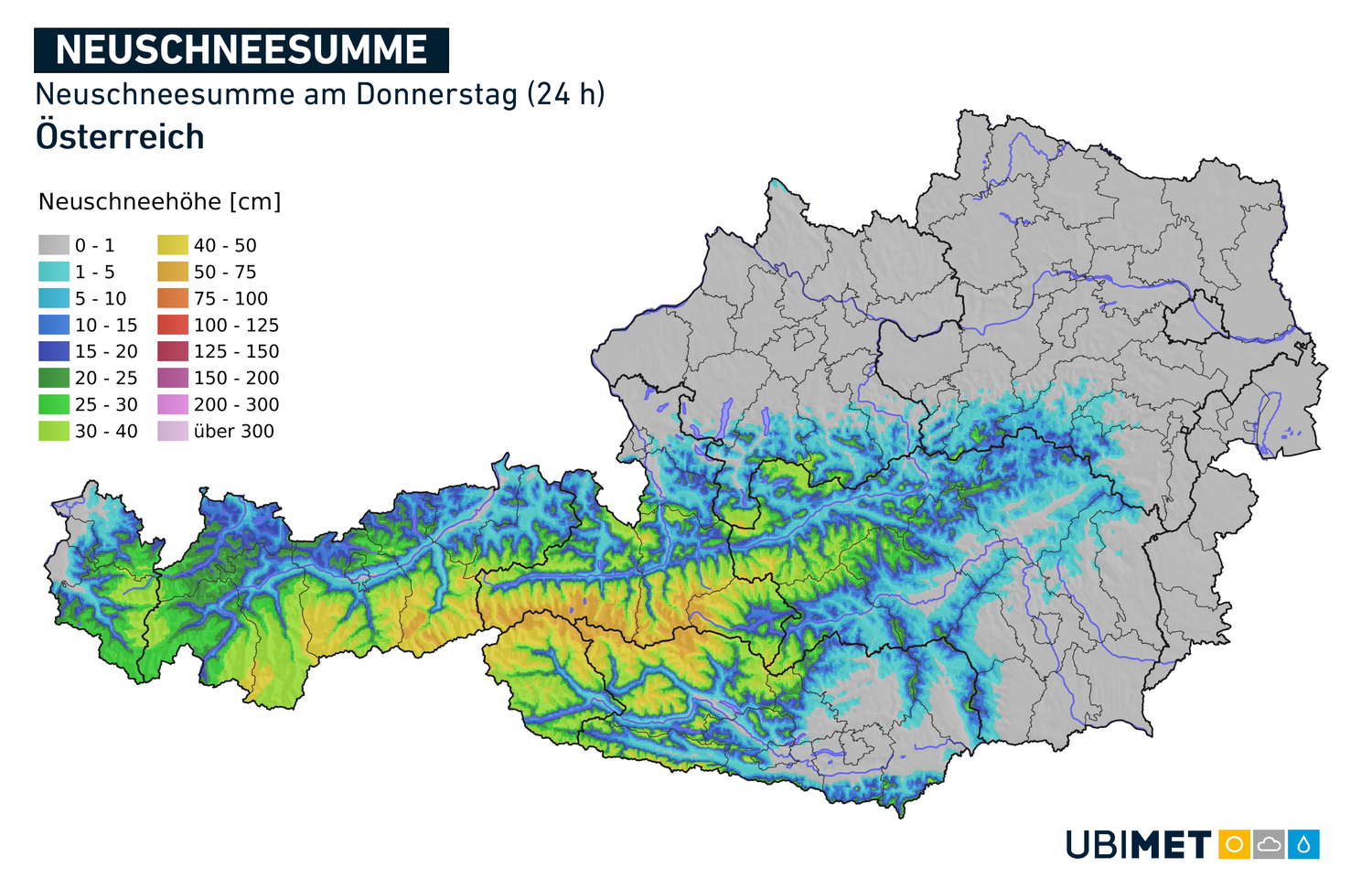 Die erwarteten Neuschneemengen am Donnerstag. 