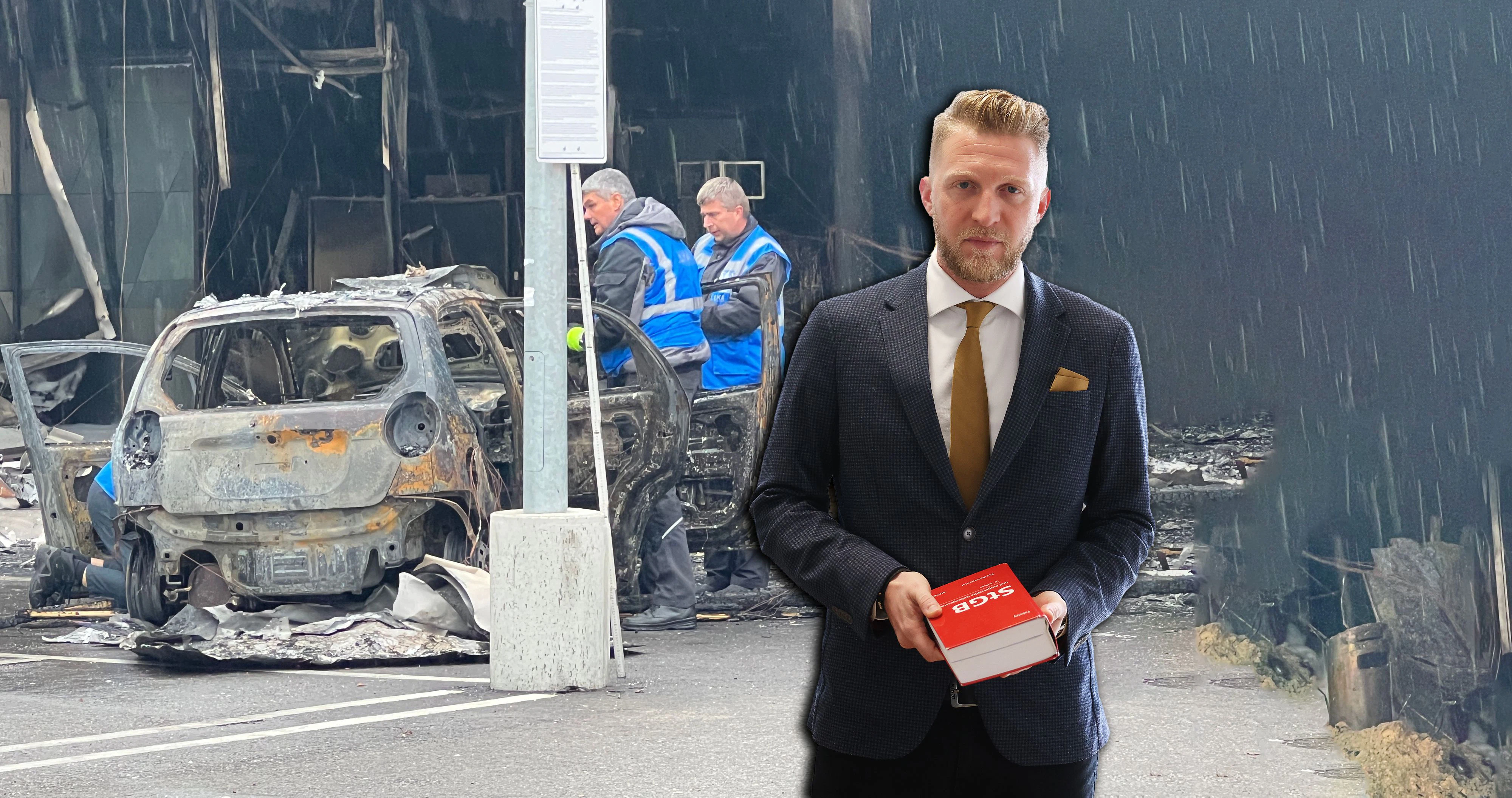 Das verbrannte Fahrzeug vor dem Supermarkt, Verteidiger Roman Tenschert.