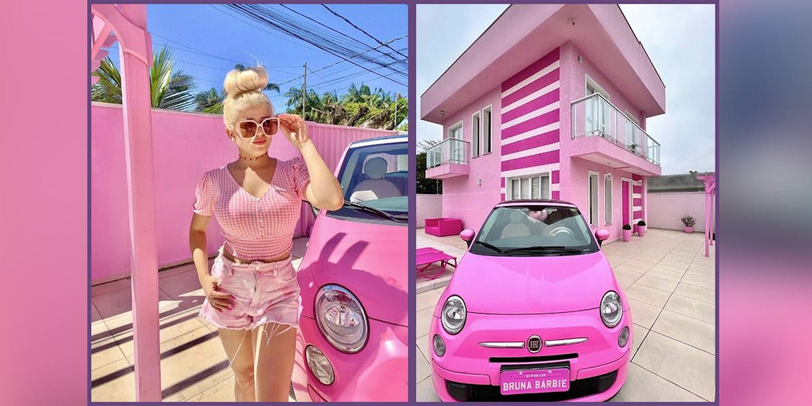 I'm a Barbie Girl, in a Barbie World: Bruna Carolina Peres alias "Bruna Barbie" vor ihrem Auto und ihrem Haus – beides selbstverständlich in pink.