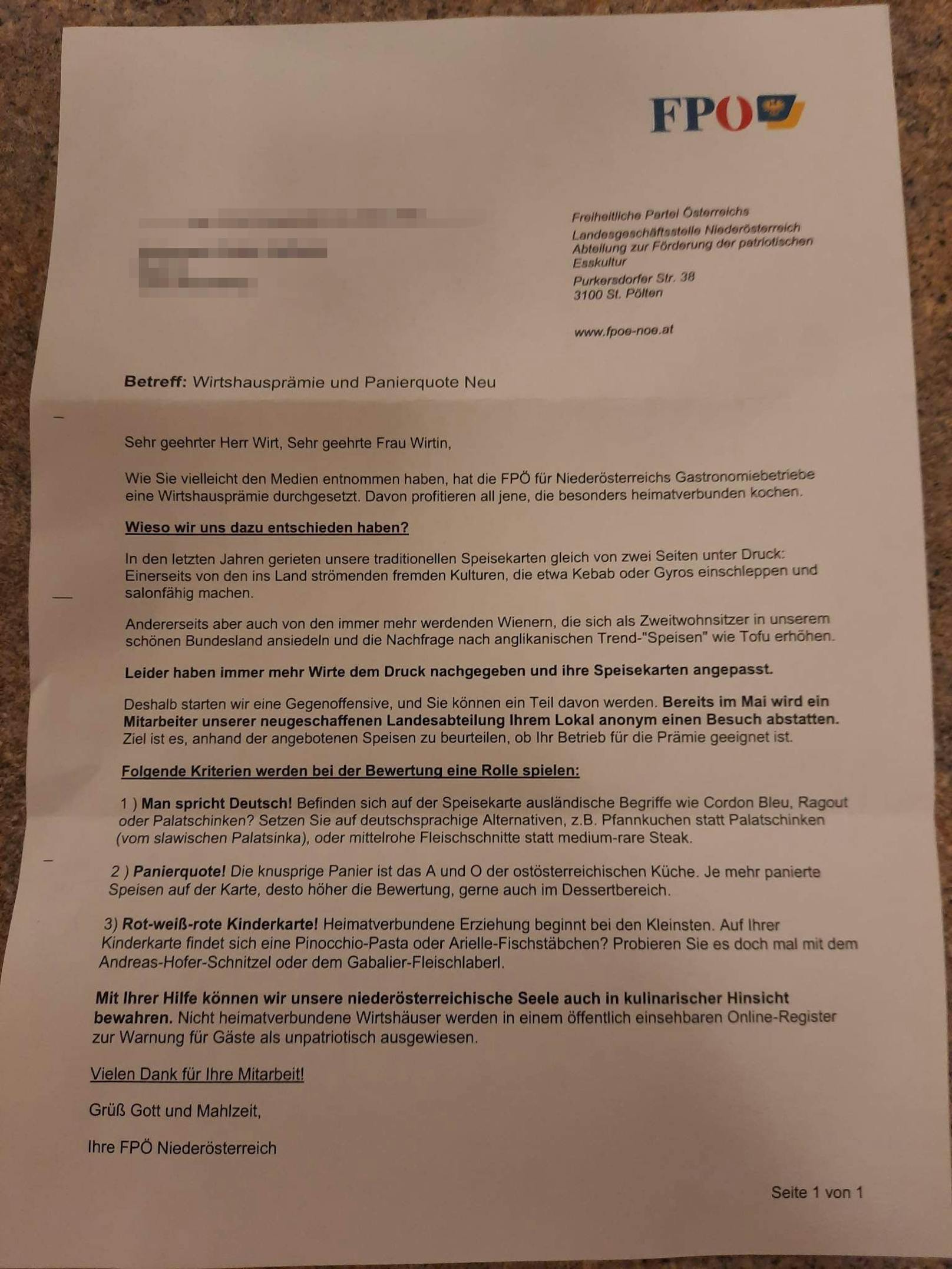 So sieht der FPÖ-Fake-Brief aus