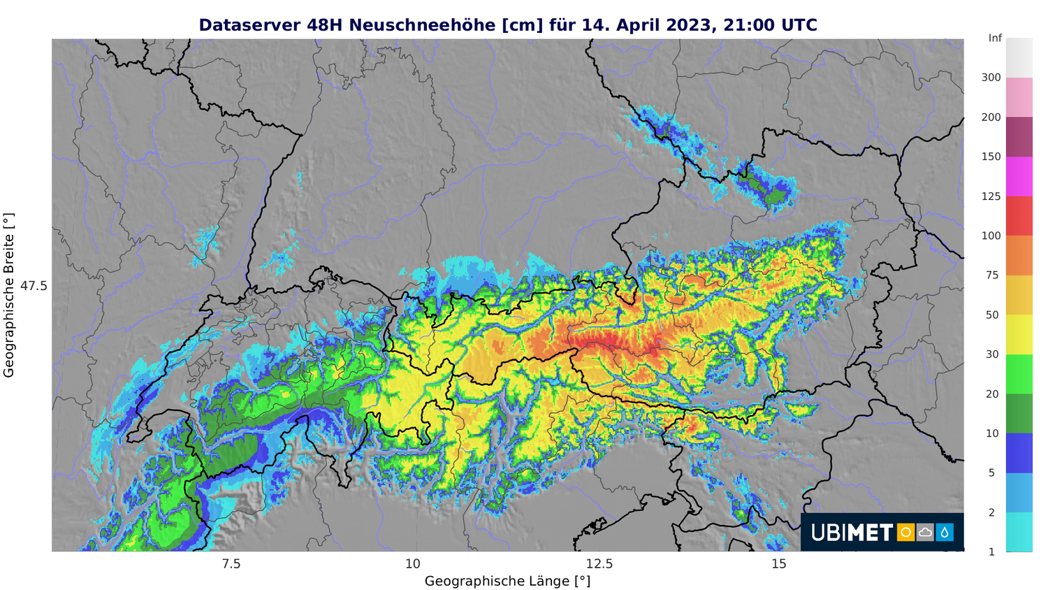 Prognostizierte Neuschneesumme über 48h bis Freitagabend.