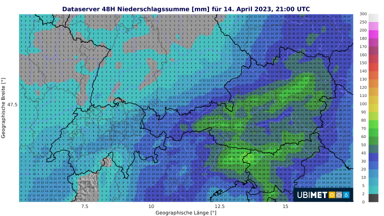 Prognostizierte Niederschlagssumme über 48h bis Freitagabend.