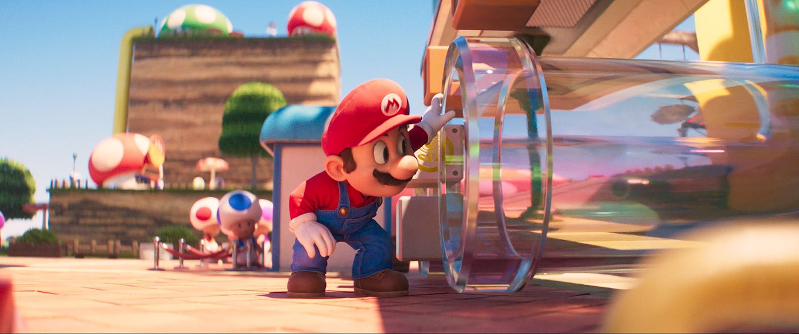 Toad führt Mario durch das Pilzkönigreich zum Palast der Prinzessin.